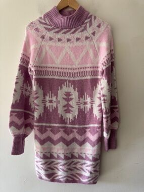 NEW!! Francesca's Dusty Lilac Ribbed Knit High Neck Patterned Sweater Dress